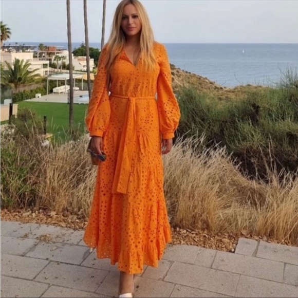 NWT Zara embroidered openwork neon orange dress bloggers fave. - Picture 6 of 14